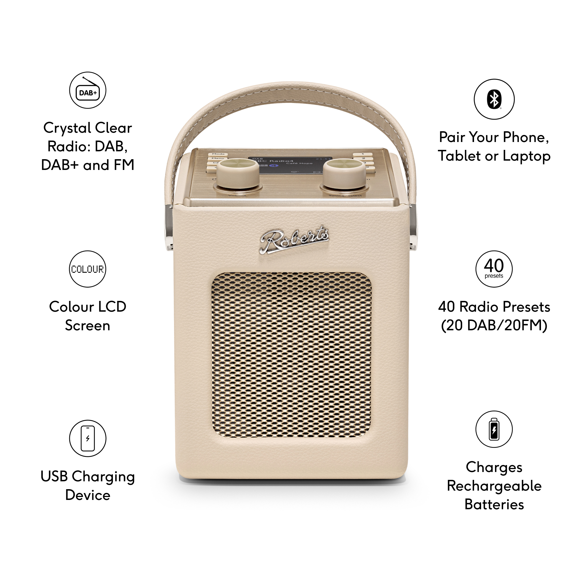 Roberts REVMINI2PC DAB+/FM Radio with Bluetooth & Colour Display The Classic. Reimagined. Roberts REVMINI2PC DAB+/FM Radio with Bluetooth & Colour Display The Classic. Reimagined.