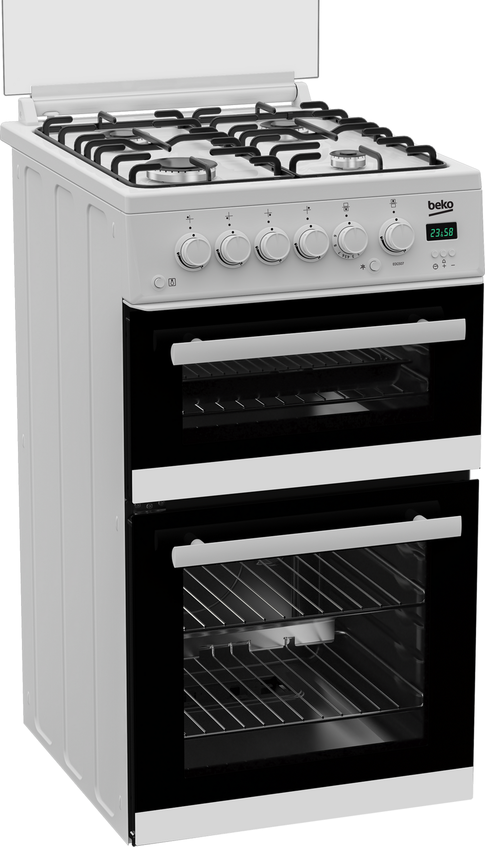 Beko EDG507W 50cm Twin Cavity Gas Cooker with Gas Hob & Glass Lid - White Beko EDG507W 50cm Twin Cavity Gas Cooker with Gas Hob & Glass Lid - White