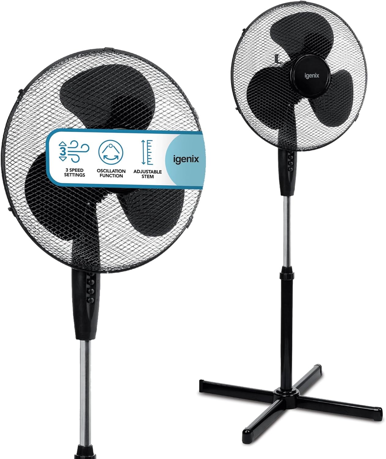 Igenix DF1655BL Oscillating Pedestal Stand Fan with Quiet Operation, 3-Speed Settings, Adjustable Height