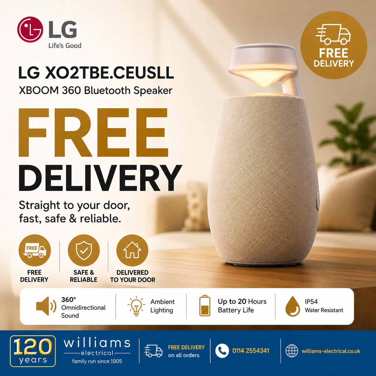 LG XO2TBE.CEUSLLK Xboom 360 Bluetooth Speaker - Beige LG XO2TBE.CEUSLLK Xboom 360 Bluetooth Speaker - Beige